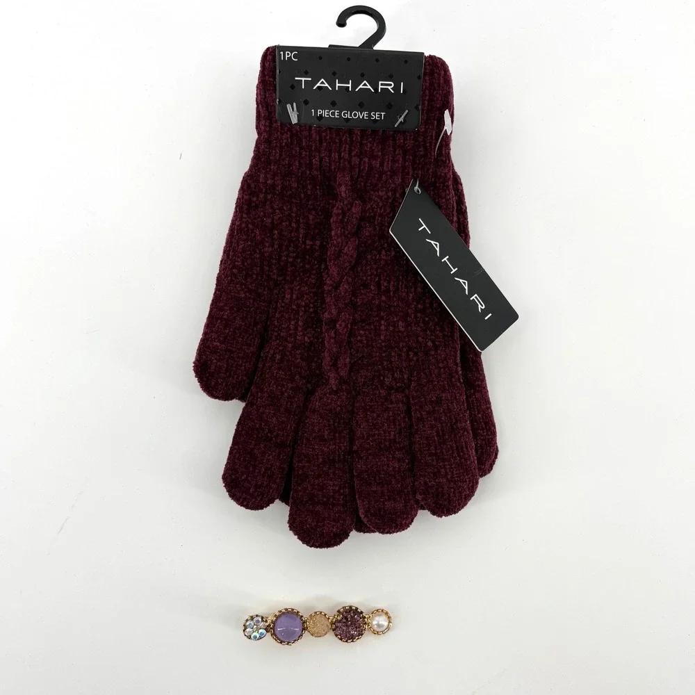 Tahari Womens Burgundy Cable Knit Gloves and Jeweled Purple Hair Clip Set NWT